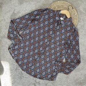 Bohme Women’s Button Down Shirt Blouse Longsleeve Graphic Print Boho Camel M